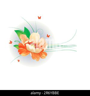 Orange flower and butterflies on a white background.vector Stock Vector