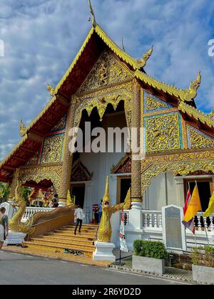 Chiang Mai, Thailand,  View inside Buddhist Temple, 'Wat Chiang Man',  Buddhist Monks Praying, in 'Wat Phra Singh Woramahawihan', Buddhist Temple Stock Photo
