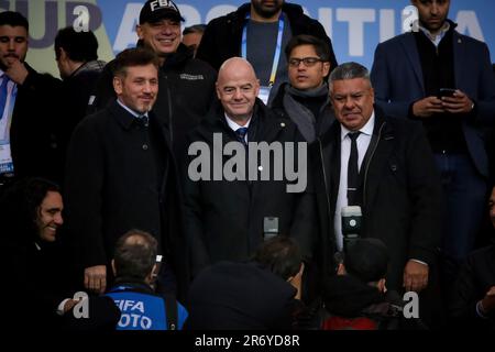 La Plata, Argentina. 11th June, 2023. Alejandro Dominguez president of Conmebol (L), Gianni Infantino president of FIFA (C) and Claudio Tapia president of AFA (R) pose before the match between Uruguay vs Italia as part of World Cup u20 Argentina 2023 - Final Match at Estadio Unico 'Diego Armando Maradona'. Final score: Uruguay 1 - 0 Italia Credit: SOPA Images Limited/Alamy Live News Stock Photo