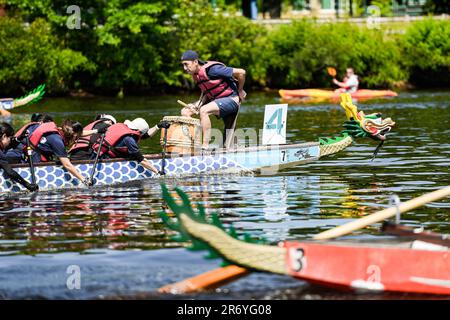 Cambridge, USA. 11th June, 2023. Participants compete at Boston Hong Kong Dragon Boat Festival in Cambridge, Massachusetts, the United States, on June 11, 2023. More than 60 teams took part in this event on Sunday. Credit: Ziyu Julian Zhu/Xinhua/Alamy Live News Stock Photo