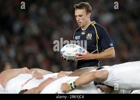 Scotland’s Mike Blair prepares to place the ball in a scrum against England during a Pool B match of the Rugby World Cup 2011, Eden Park, Auckland, New Zealand, Saturday, October 01, 2011. Stock Photo