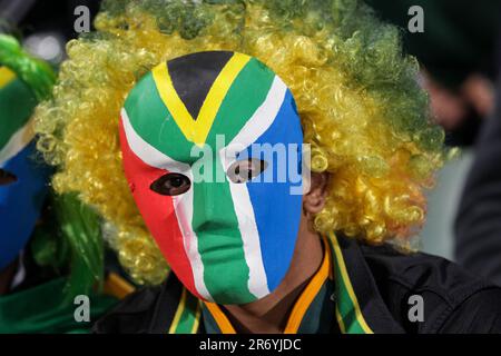 A South African supporter awaits the start of the Samoa versus South Africa Pool D match of the Rugby World Cup 2011, North Harbour Stadium, Auckland, New Zealand, Friday, September 30, 2011. Stock Photo