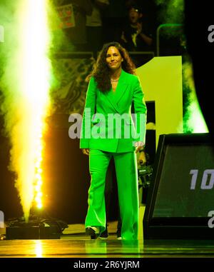 Former Seattle Storm guard Sue Bird enters the court during her jersey  retirement ceremony following a WNBA basketball game between the Storm and  the Washington Mystics, Sunday, June 11, 2023, in Seattle. (AP  Photo/Lindsey Wasson Stock Photo ...