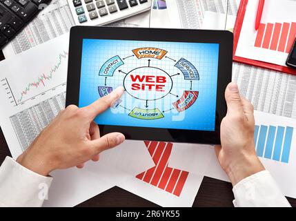hands using digital tablet with scheme website on screen Stock Photo