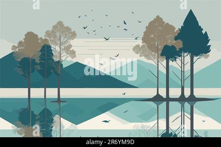 vector background image that portrays the essence of tranquility in nature, using simple geometric shapes and muted colors to depict a serene lakeside Stock Vector