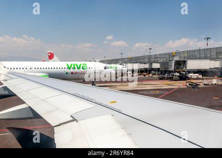 View to Viva Aerobus Airbus A320 planes Terminal 1, Benito Juarez International Airport, Mexico City, Mexico Stock Photo