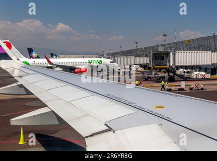 View to Viva Aerobus Airbus A320 plane Terminal 1, Benito Juarez International Airport, Mexico City, Mexico Stock Photo