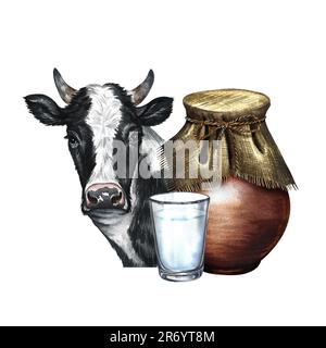 Cow and dairy products in ceramic and glassware. Watercolor hand drawn illustration. On a white background. For milk promotion banner, dairy products Stock Photo