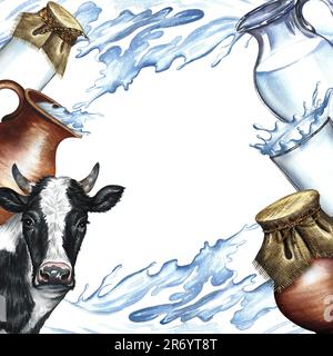 Cow and dairy products in ceramic and glassware. Milk splash frame. Watercolor hand drawn illustration. White background. For advertising design of da Stock Photo