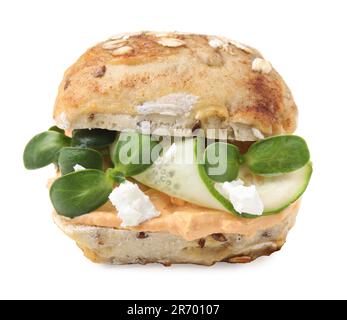 Delicious sandwich with hummus, microgreens and cucumber slices isolated on white Stock Photo