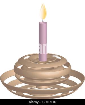 Golden candlestick with burning candle in pink, vector Stock Vector