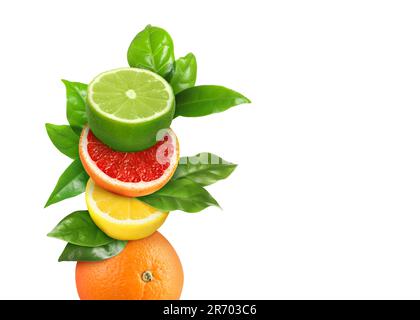 Stack of different fresh citrus fruits with green leaves on white background Stock Photo