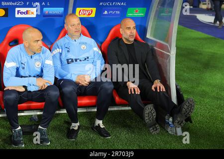 Istanbul, Turkey. 10th June, 2023. ISTANBUL, TURKEY - JUNE 10: First Team Coach Enzo Maresca, assistant manager Rodolfo Borrell, Manager Josep Pep Guardiola of Manchester City during the UEFA Champions League Final match between Manchester City FC and FC Internazionale Milano at Ataturk Olympic Stadium on June 10, 2023 in Istanbul, Turkey (Photo by /Orange Pictures) Credit: Orange Pics BV/Alamy Live News Stock Photo