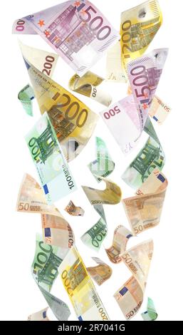 Many euro banknotes flying on white background Stock Photo - Alamy