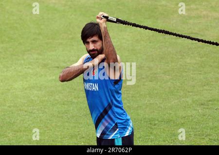 Afghanistan Test cricketer Karim Janat attends practice session at the Sher-e-Bangla National Cricket Stadium (SBNCS) ahead of the alone Test Match ag Stock Photo