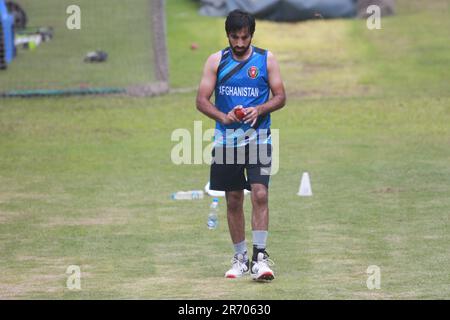 Afghanistan Test cricketer Karim Janat attends practice session at the Sher-e-Bangla National Cricket Stadium (SBNCS) ahead of the alone Test Match ag Stock Photo