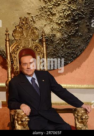 Rome, Italy. 12th June, 2023. File photo dated January 11, 2013 of Italy's former Prime Minister Silvio Berlusconi sits on a throne during a TV show in Rome, Italy. Berlusconi is campaigning for the next february elections. - Former Prime Minister Silvio Berlusconi, a billionaire businessman who created Italy's largest media company before transforming the political landscape, died on Monday aged 86. Photo by Eric Vandeville/ABACAPRESS.COM Credit: Abaca Press/Alamy Live News Stock Photo