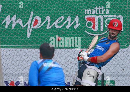 Afghanistan Test cricketer Ibrahim Zardan attends practice session at the Sher-e-Bangla National Cricket Stadium (SBNCS) ahead of the alone Test Match Stock Photo