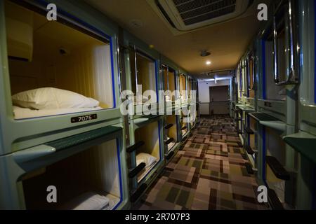 A Capsule hotel in Shinjuku, Tokyo, Japan. Stock Photo