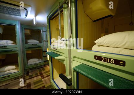 A Capsule hotel in Shinjuku, Tokyo, Japan. Stock Photo