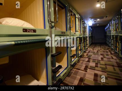 A Capsule hotel in Shinjuku, Tokyo, Japan. Stock Photo