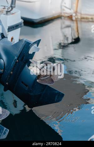 A closeup shot of the speed boat engine propeller Stock Photo