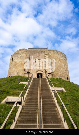 Clifford's Tower shot from ground level looking up the steep steps toward the top. Stock Photo