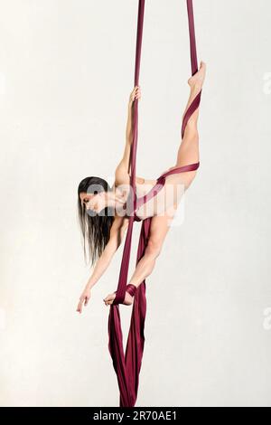 Full body barefoot female in leotard with long dark hair doing splits on aerial silks during performance against white background Stock Photo