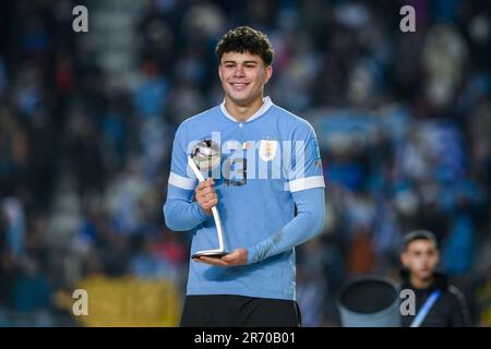 La Plata, Argentina. 11th June, 2023. Alan Matturro of Uruguay poses for a photo with the Adidas Silver Ball Trophy during the FIFA U-20 World Cup Argentina 2023 Final match between Italy and Uruguay at Estadio La Plata. (Photo by Manuel Cortina/SOPA Images/Sipa USA) Credit: Sipa USA/Alamy Live News Stock Photo