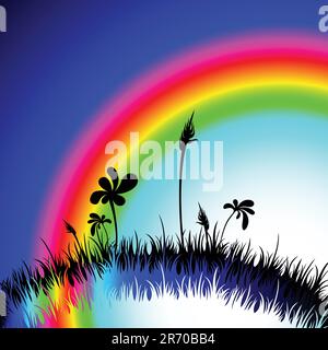 abstract landscape with rainbow and grass,  this illustration may be useful as designer work Stock Vector