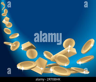 Gold coins and gold bars are falling down. Stock Vector