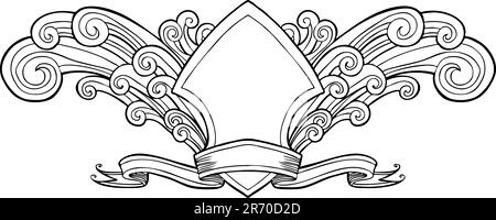 Hand drawn artsy pattern of waves and wings with crest symbol. Stock Vector