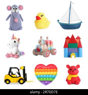 Collage with many different toys on white background Stock Photo