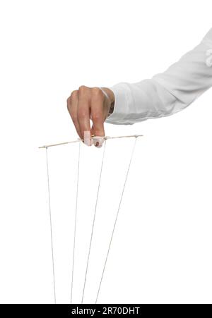 Woman pulling strings of puppet on white background, closeup Stock Photo