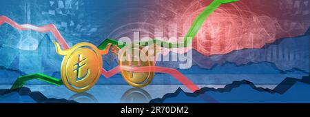 bullish try stopped by bearish rub. foreign exchange market 3d illustration of turkish lira to russian ruble. currency represented as golden coins Stock Photo