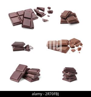 Collage with pieces of tasty different chocolate bars on white background Stock Photo