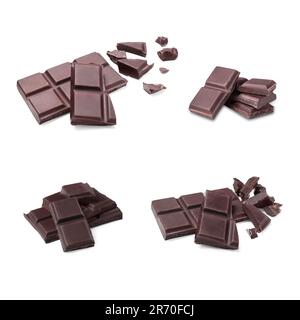 Collage with pieces of tasty chocolate bars on white background Stock Photo