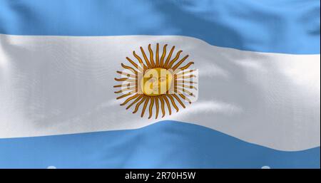 Argentina national flag fluttering in the wind. Three equal blue and white horizontal bands with the Sun of May in the center. 3d illustration render. Stock Photo