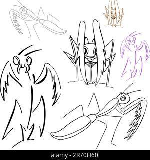 An image of hand drawn praying mantis insects. Stock Vector