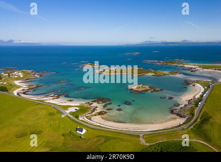 Aerial view from drone of Traigh Beach, one of the Silver Sands of Morar in Lochaber, Scottish Highlands, Scotland, UK Stock Photo