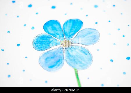 Blue flower and blue dots on white paper painted with blue watercolor. Stock Photo