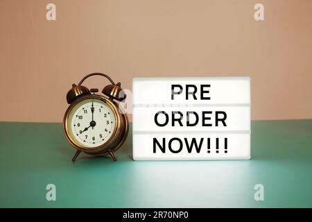 Pre Order Message Pre Order text message with clock and trolley shopping cart Stock Photo ...