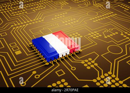 An advanced CPU printed with a national flag of France on a neon glowing electronic circuit board. Illustration of French made high-end  micro chips Stock Photo