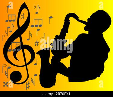 black silhouette of a saxophone player on an orange background with musical signs Stock Vector