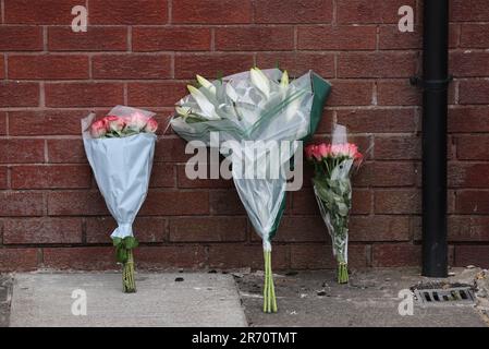 Flowers at the scene on James Street in Ballymena, Co Antrim, following the launch of murder inquiry on Sunday after suspected human remains were found during the search for Chloe Mitchell, who was last seen on CCTV in the early hours of June 3 in Ballymena town centre. Brandon John Rainey, 26, of James Street in Ballymena appeared via video link at Ballymena Magistrates' Court, charged with the murder of 21-year-old Chloe. Picture date: Monday June 12, 2023. Stock Photo