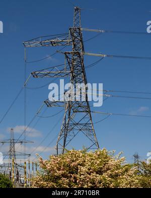Pylons at the National Grid Salthome Substation seen against a blue sky. Stock Photo