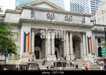The New York Public Library with Pride banners hanging on the front, NYC, USA  2023 Stock Photo