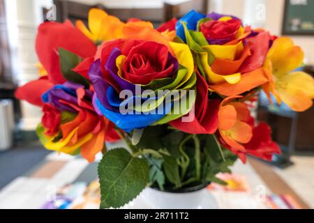 Still life of a rainbow pride, artificial flower bouquet, 2023, pride month of June, New York City, United States Stock Photo