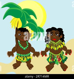 Pair of happy papuan children. Vector illustration. Stock Vector
