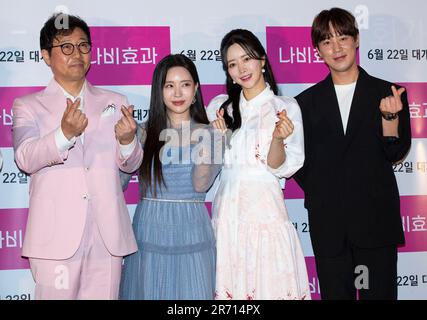 Seoul, South Korea. 9th June, 2023. (L to R) South Korean actors Ahn Jung-hoon, Song Min-kyung, Hong Soo-ah and Sungmo (original name: Yoon Sung-mo), photocall for the film ‘The Butterfly Effect' press conference in Seoul, South Korea on June 9, 2023. The film will open on June 22. (Photo by Lee Young-ho/Sipa USA) Credit: Sipa USA/Alamy Live News Stock Photo